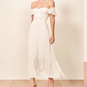 Reformation Butterfly Dress Ivory Midi Off The Shoulder Georgette Bridal 0 NWT